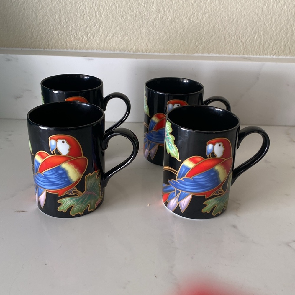 Vintage Fitz & Floyd Jungle Parrot Mugs Set of 4 FLAW - Picture 6 of 7